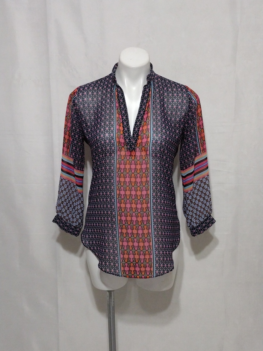 Atina Cristina Boho Chic Split Neck Geometric Print Blouse XS Sheer Lightweight